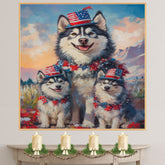 Alaskan Malamute Mom and Puppies in Patriotic Hats and Bows with Star Garland and Mountain Sunset Background on Ready to Hang 1.5" Thick Canvas Wrap, Floating Framed Canvas, Flat Rolled Canvas